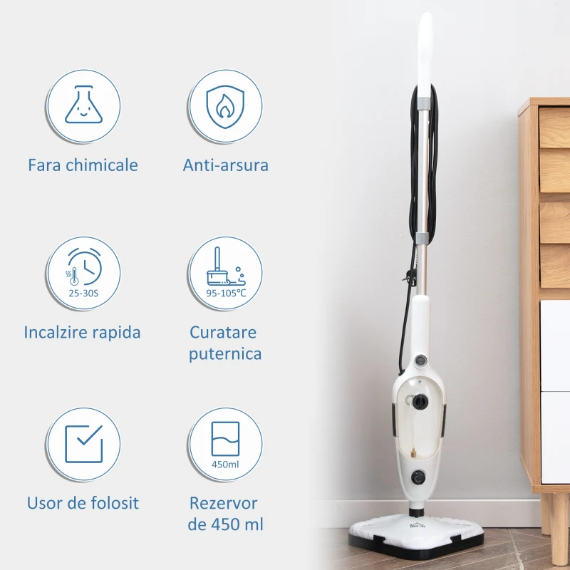 HOMCOM Mop electric cu aburi cu 11 accesorii, rezervor 450 ml, 1330 W – alb