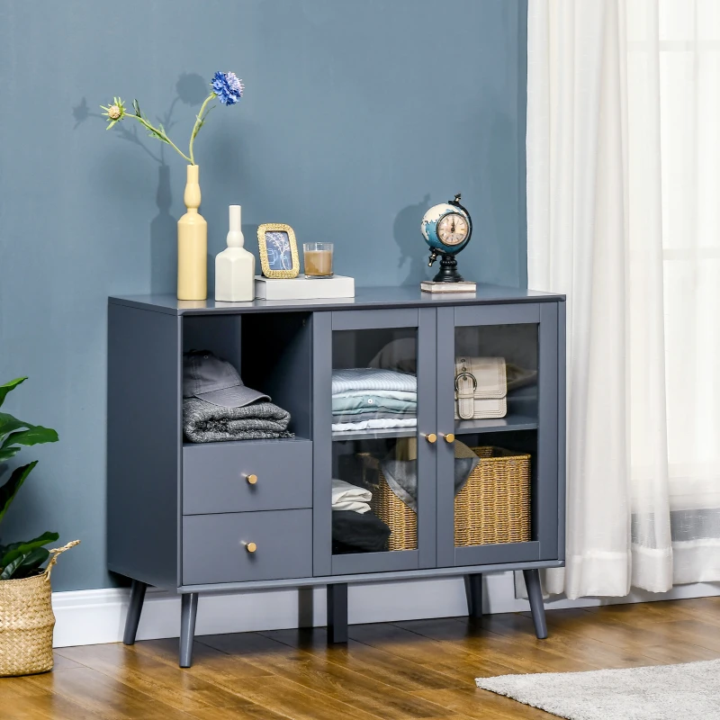 HOMCOM Sideboard Buffet, Storage Cabinet with Drawers, Open Shelf and Double Glass Doors, Grey