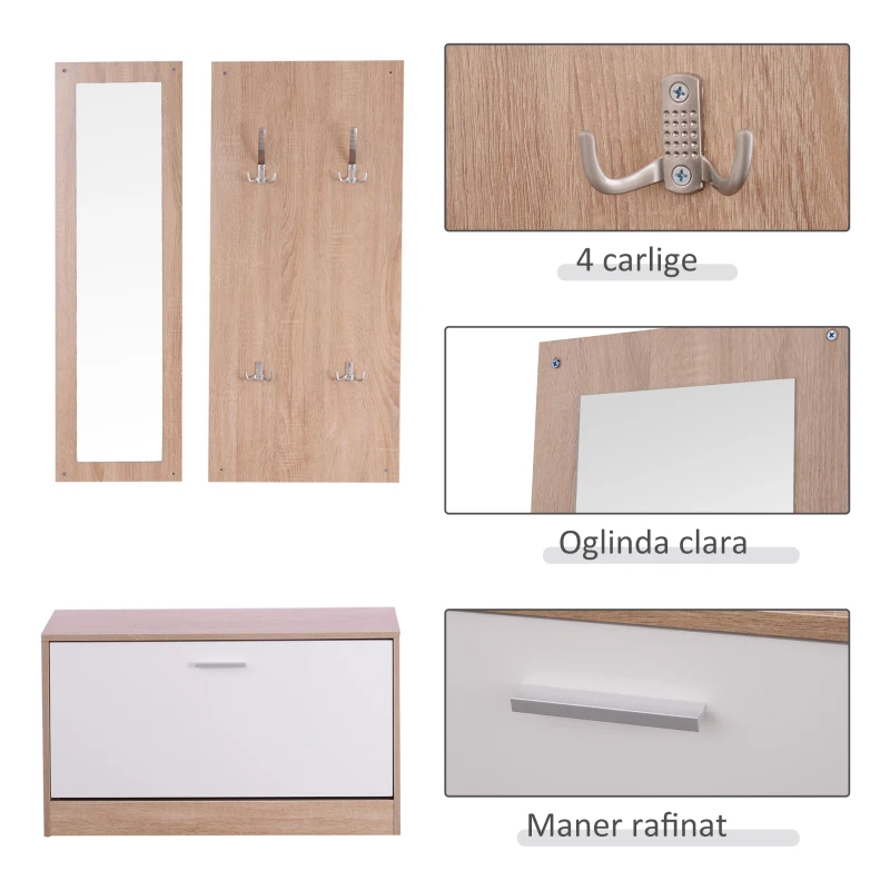 HOMCOM Set 3 Piese Dulap Pantofi cu Cuier si Oglinda pentru Hol in Lemn, 80x27x46.5cm(m-6)