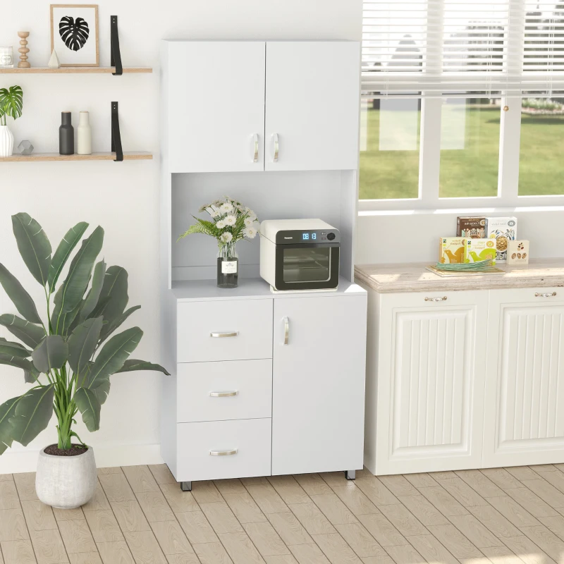Homcom Bufet Lemn Alb – 2 Dulapuri, 3 Sertare & Raft Deschis