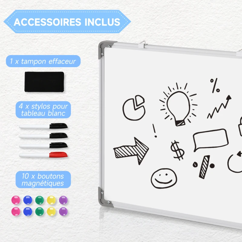 HOMCOM Tableau blanc aimante magnetique panneau blanc polyvalent avec 4 feutres 1 brosse tableau et 10 aimants cadre en aluminium solide 60 x 45 cm