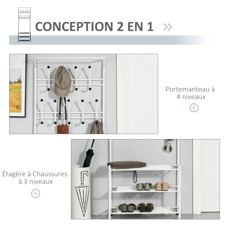 HOMCOM Portant vêtement Porte-Manteaux vestiaire d'entrée Style Contemporain Multi-rangements 67L x 30l x 185H cm Blanc