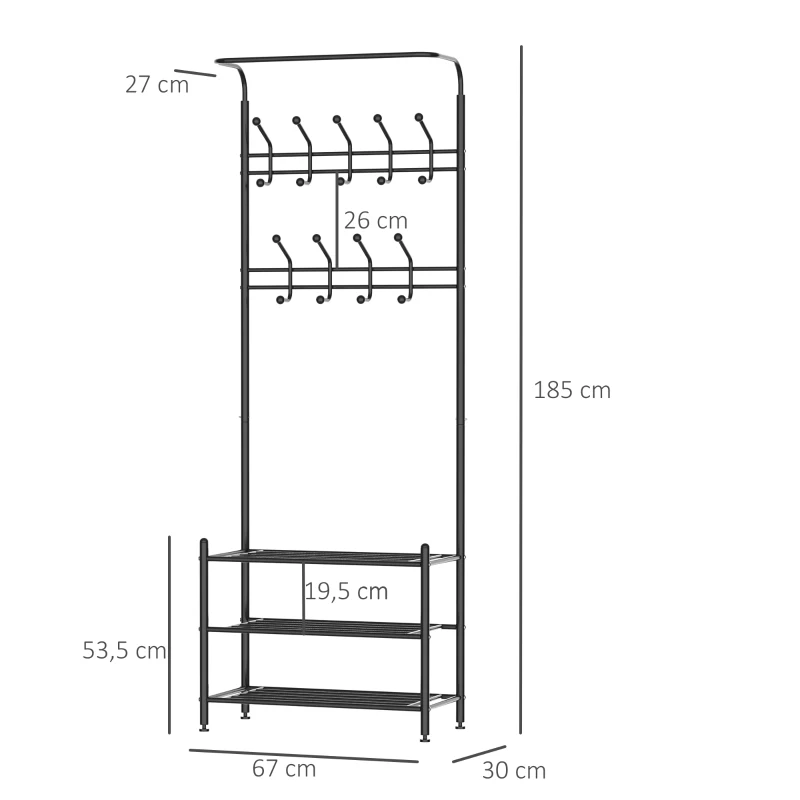 HOMCOM Portant vêtement Porte-Manteaux vestiaire d'entrée Style Contemporain Multi-rangements 67L x 30l x 185H cm Noir