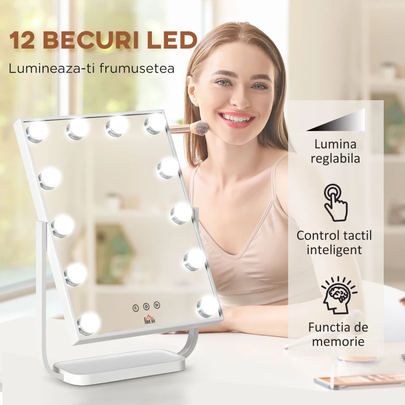 HOMCOM Oglinda pentru make-up, cu iluminare, inclinabila, cu 12 lumini LED si luminozitate reglabila, alb