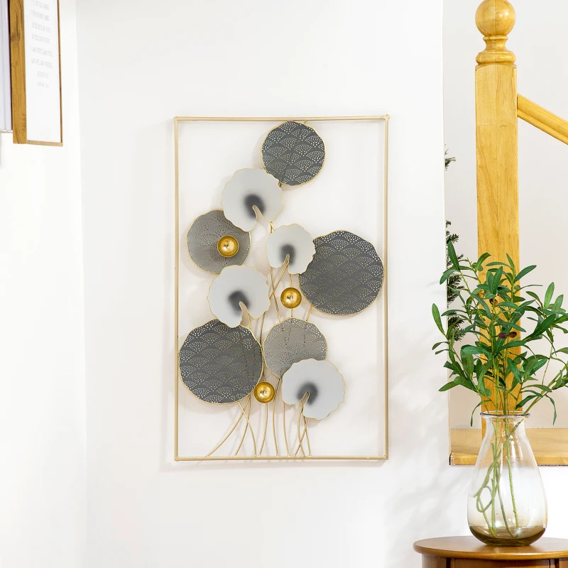 HOMCOM 3D Metal Wall Art Modern Lotus Leaves Hanging Wall Sculpture Home Decor for Living Room Bedroom Dining Room, Grey Gold