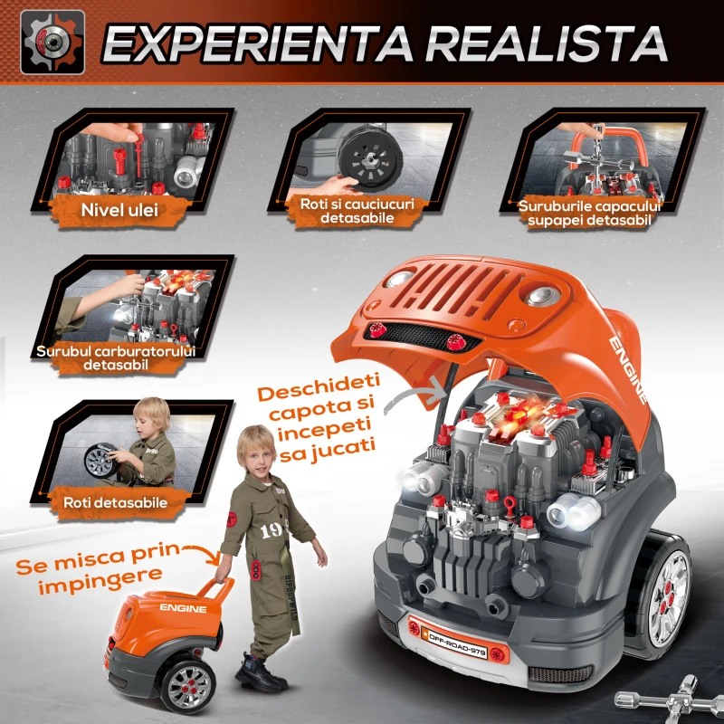 HomCom Cabina de camion, jucarie cu motor si 61 de accesorii, 3-5 ani