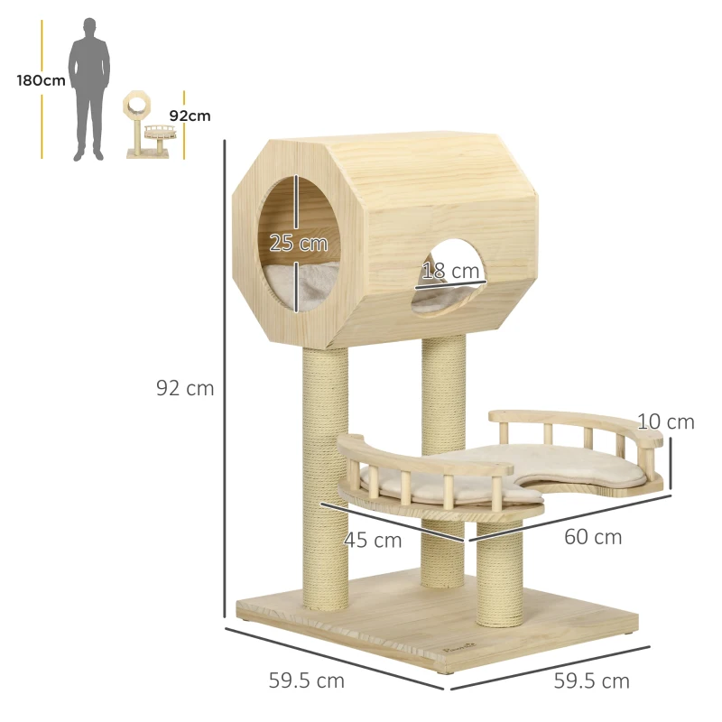 PawHut Kratzbaum, Katzenhaus, mit Liege, waschbare Liegepolster, drei Kratzstämme, Kiefernholz, 59,5 x 59,5 x 92cm