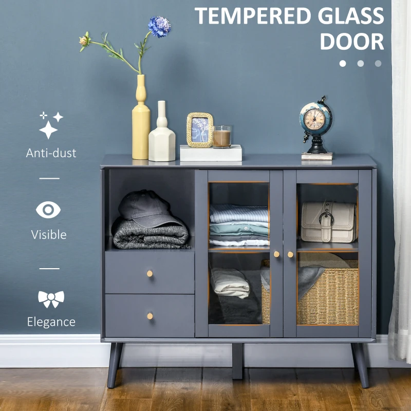 HOMCOM Sideboard Buffet, Storage Cabinet with Drawers, Open Shelf and Double Glass Doors, Grey