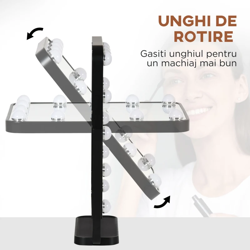 HOMCOM Oglinda pentru make-up, cu iluminare, inclinabila, cu 12 lumini LED si luminozitate reglabila, negru