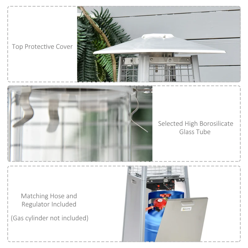 Outsunny Heater for Camping in Tent, 11.2KW Stainless Steel Garden Freestanding Tower Heater w/Wheels Cover Silver