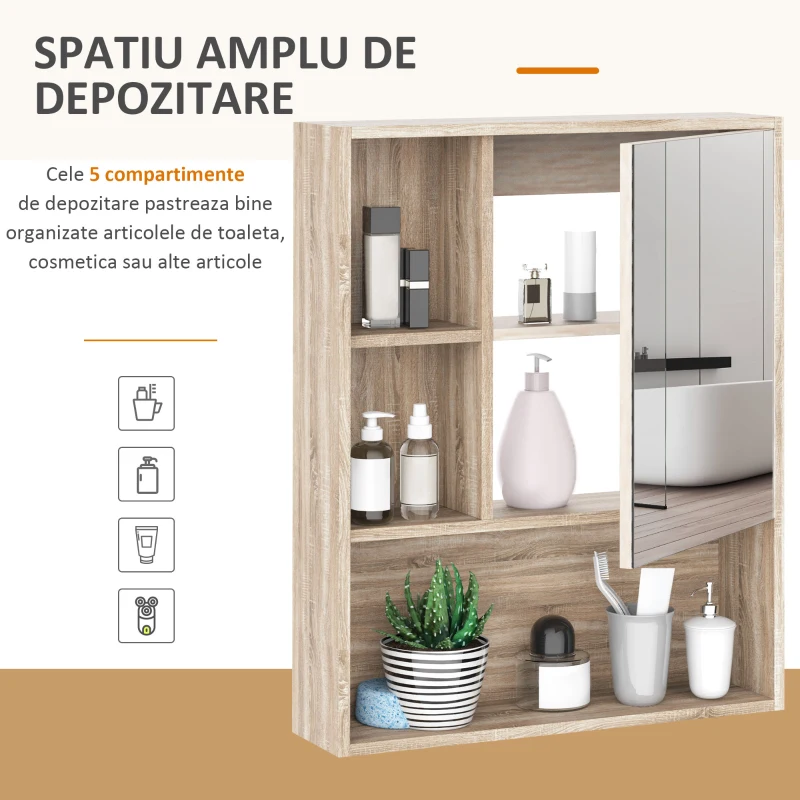 kleankin Dulap cu oglinzi cu raft reglabil montare pe perete culoarea stejarului