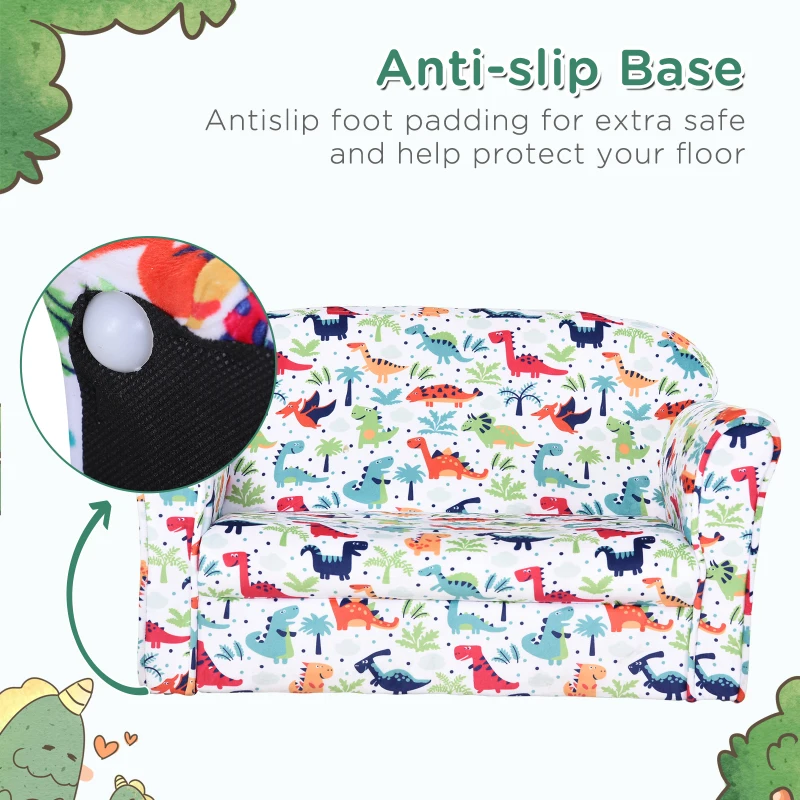 HOMCOM 2 Seater Toddler Chair Kids Twin Sofa Children Double Seat Flannel Armchair Cartoon Dinosaur Pattern Boys Girls Furniture