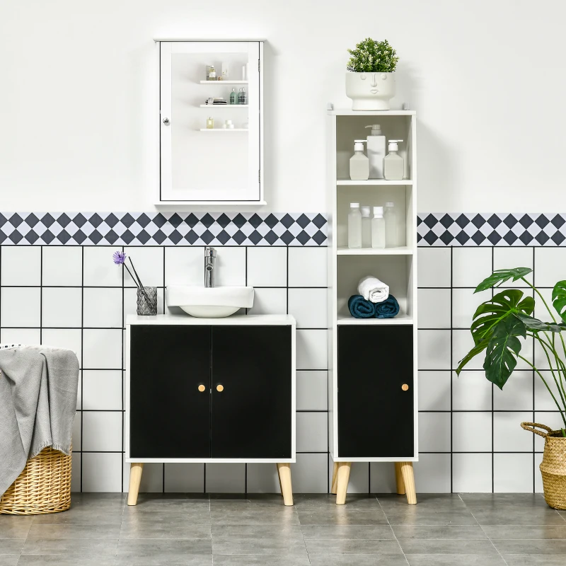 kleankin Modern Under Sink Storage Cabinet, Bathroom Sink Cabinet with Adjustable Shelf and Solid Wood Legs, U-Shape Cut, Black and White