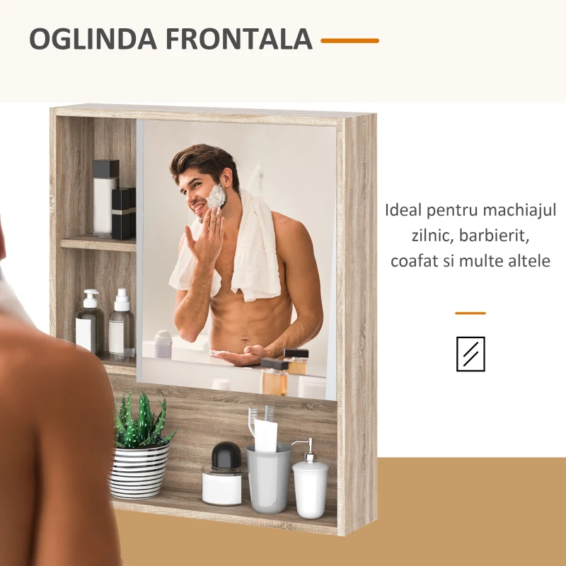 kleankin Dulap cu oglinzi cu raft reglabil montare pe perete culoarea stejarului