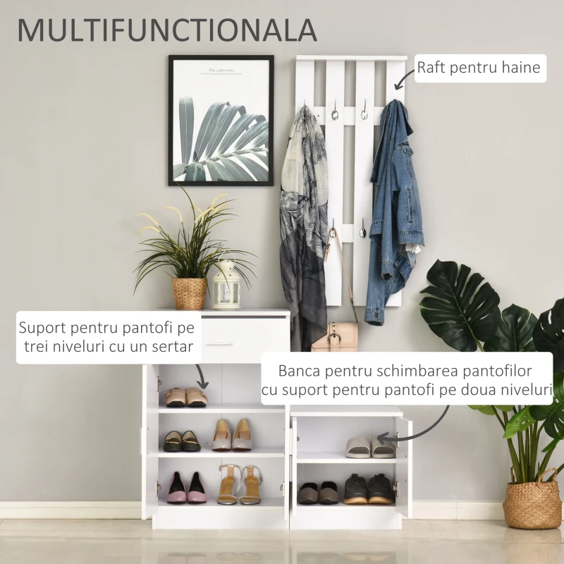 Homcom Cuier Hol Lemn Alb – 100×32×187 cm cu Dulap & Rafturi(m-5)