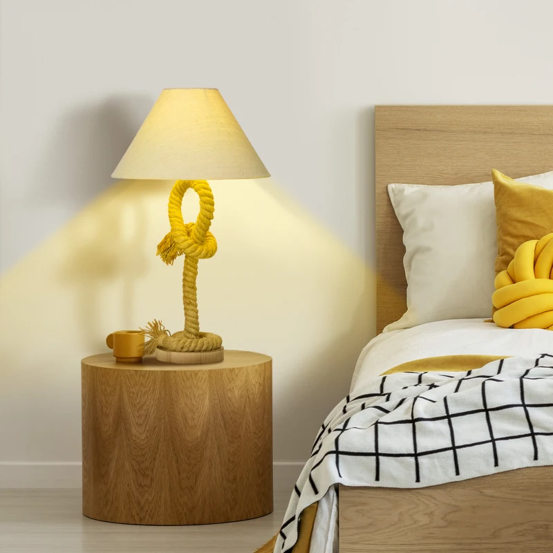 HOMCOM Nautical Style Table Lamp with Fabric Lampshade, Twisted Rope Bedside Lamp for Bedroom, Study Room, Living Room, Beige
