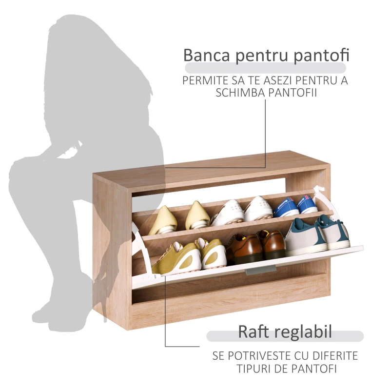 HOMCOM Set 3 Piese Dulap Pantofi cu Cuier si Oglinda pentru Hol in Lemn, 80x27x46.5cm(m-5)