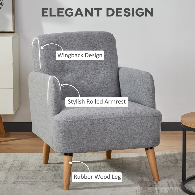 HOMCOM Upholstered Armchair, Living Room Chairs with Birch Wood Legs, Thick Padding and Button Mid-Back, Grey