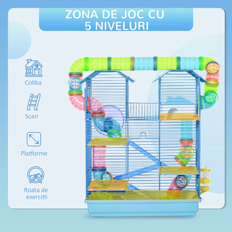 Pawhut Cusca Hamsteri 5 Etaje – Albastra cu Accesorii Incluse
