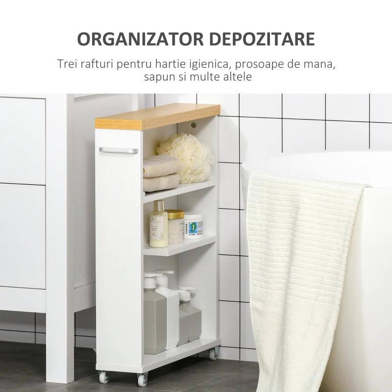 kleankin Dulapior Mobil pentru baie economisire spatiu roti raft manere laterale alb