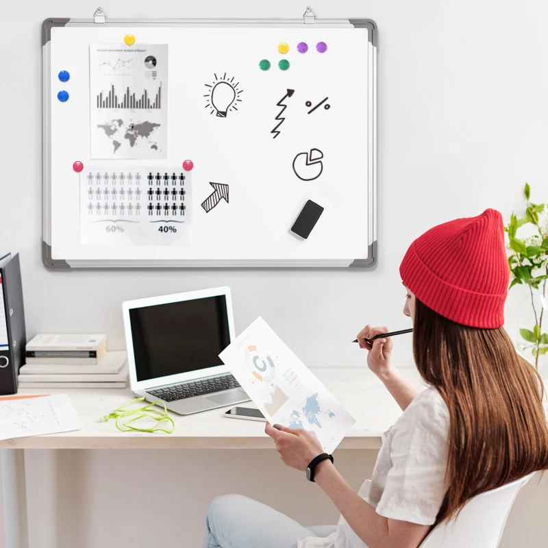 HOMCOM Tableau blanc aimante magnetique panneau blanc polyvalent avec 4 feutres 1 brosse tableau et 10 aimants cadre en aluminium solide 60 x 45 cm