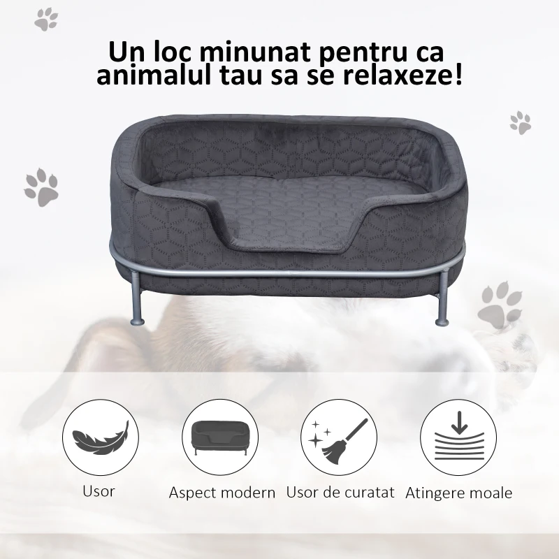 PawHut Canapea pentru câini și pisici, din catifea, cu bază metalică, 63.5x43x24.5cm – gri închis
