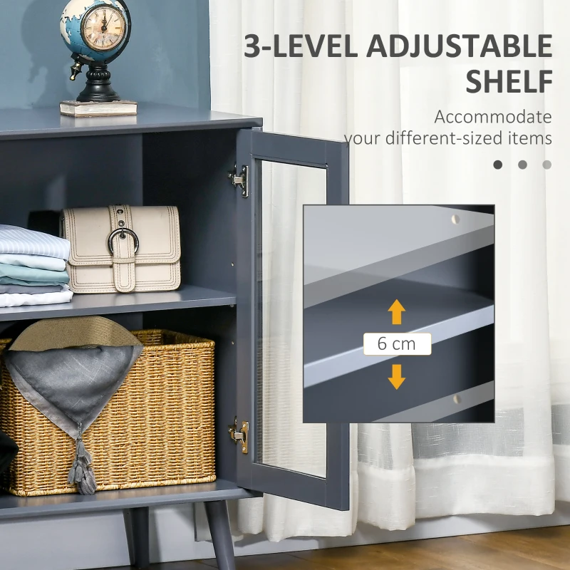 HOMCOM Sideboard Buffet, Storage Cabinet with Drawers, Open Shelf and Double Glass Doors, Grey