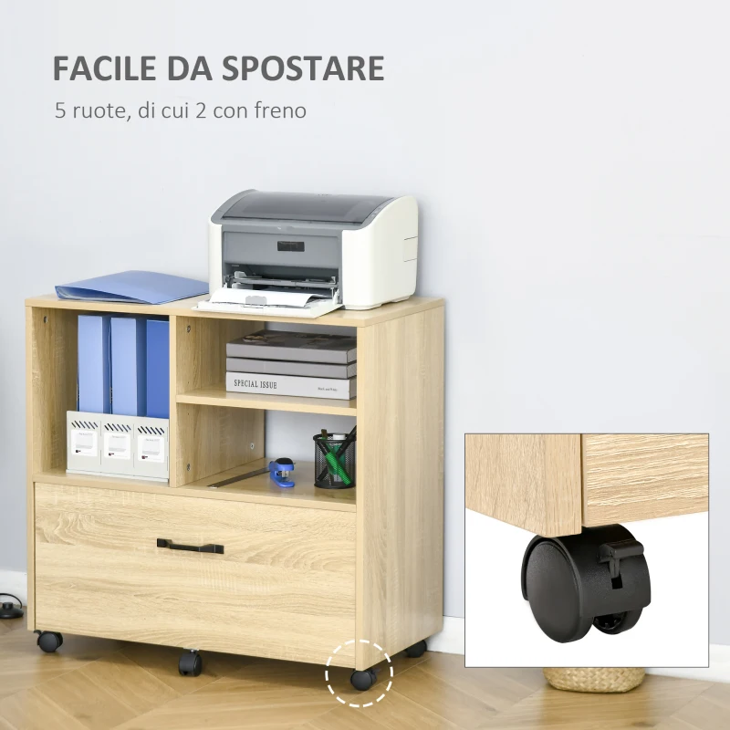 Vinsetto Mobile Multiuso per Ufficio Porta Stampante con 5 Ruote e Ripiano Regolabile, 77x40x73cm - Legno