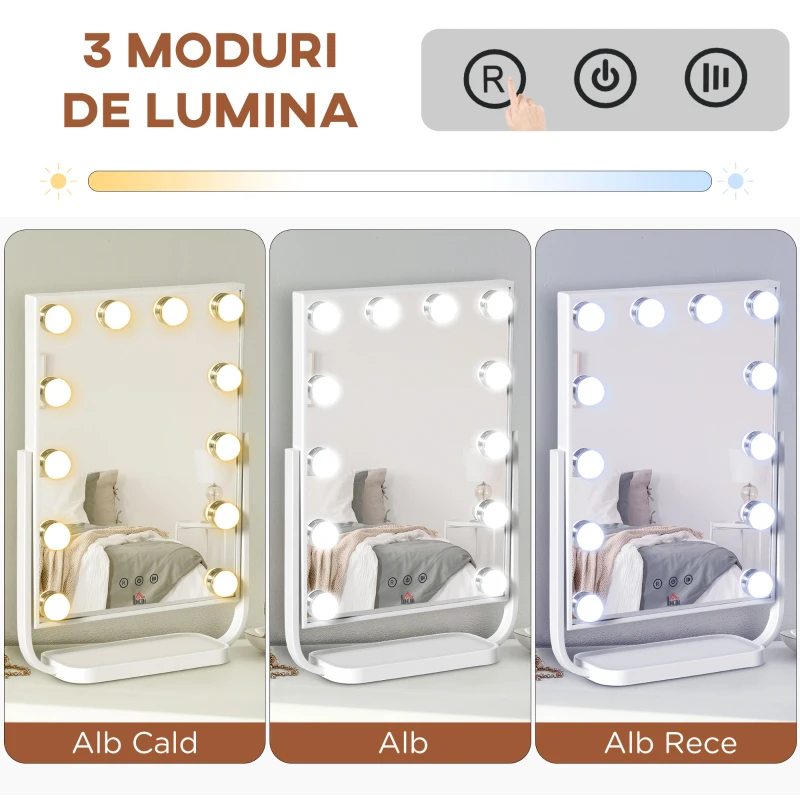HOMCOM Oglinda pentru make-up, cu iluminare, inclinabila, cu 12 lumini LED si luminozitate reglabila, alb