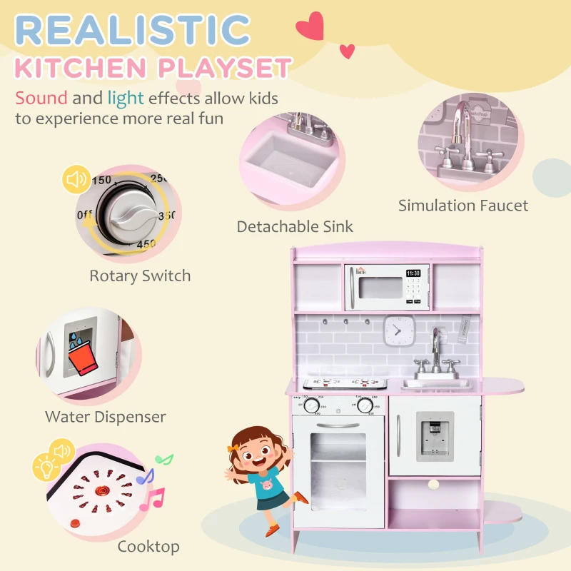 HOMCOM Kids Kitchen Playset, with Lights, Sounds, Microwave, Sink and Storage - Pink