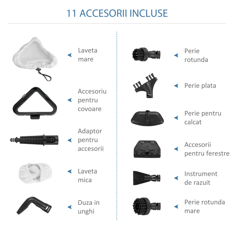 HOMCOM Mop electric cu aburi cu 11 accesorii, rezervor 450 ml, 1330 W – alb