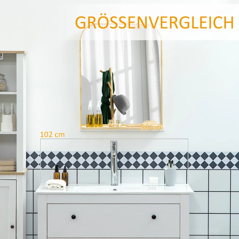 HOMCOM Wandspiegel mit Ablage, Rahmen aus Kiefernholz, 56 cm x 12 cm x 71,6 cm, Natur