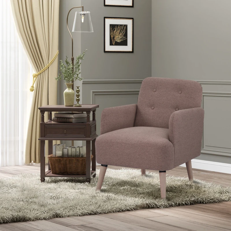 HOMCOM Upholstered Armchair, Living Room Chairs with Birch Wood Legs, Thick Padding and Button Mid-Back, Brown