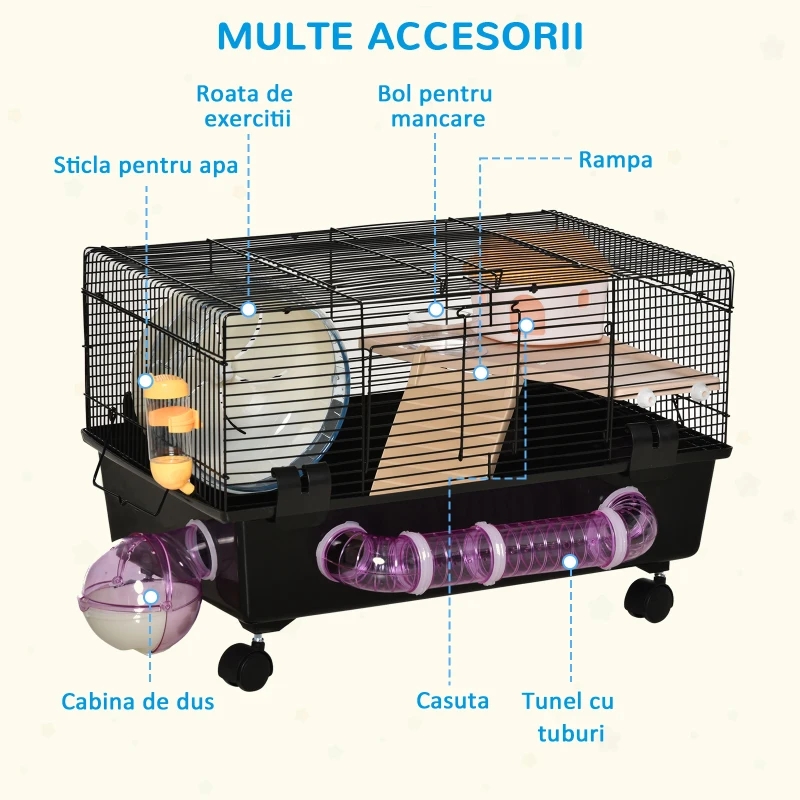 Pawhut Cusca pentru Hamsteri – Cu Casuta, Tunel, Roata & 4 Roti