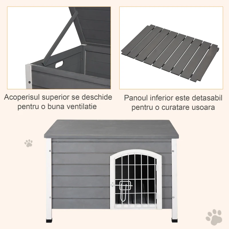 PawHut Cusca pentru Caini de Exterior din Lemn, Impermeabila cu Usa cu Incuietoare, 80x55x53,5 cm - Gri