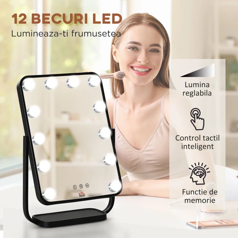 HOMCOM Oglinda pentru make-up, cu iluminare, inclinabila, cu 12 lumini LED si luminozitate reglabila, negru