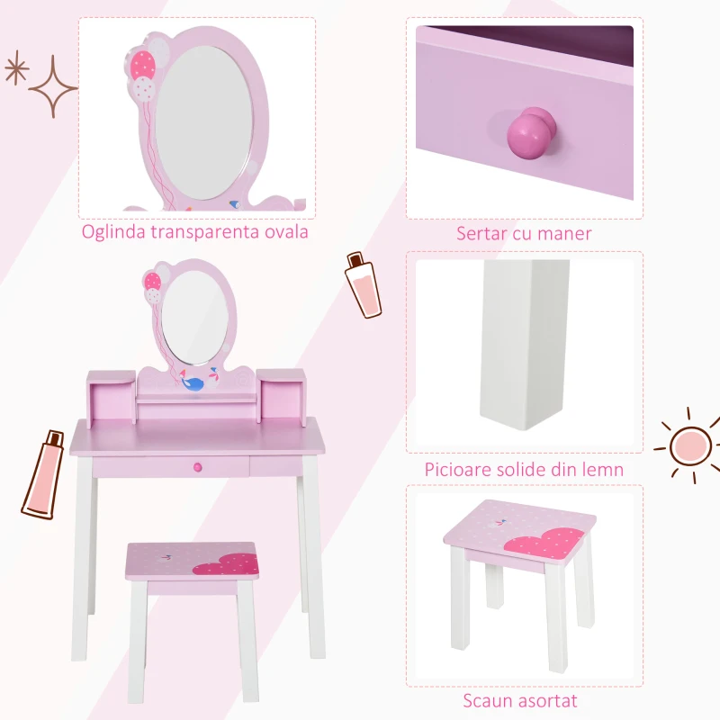 HOMCOM set masa de toaleta cu oglinda si scaun, 60x34x93 cm