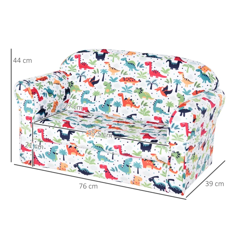 HOMCOM 2 Seater Toddler Chair Kids Twin Sofa Children Double Seat Flannel Armchair Cartoon Dinosaur Pattern Boys Girls Furniture