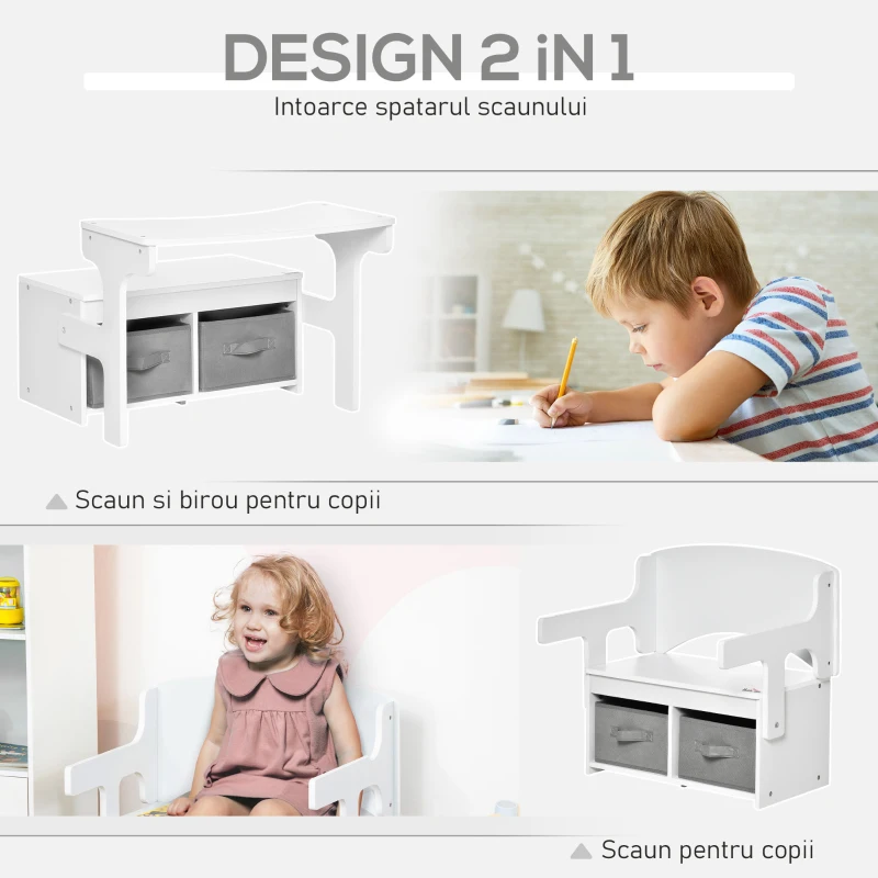 HOMCOM banca pentru copii 2 in 1, 60x43x57cm, alba