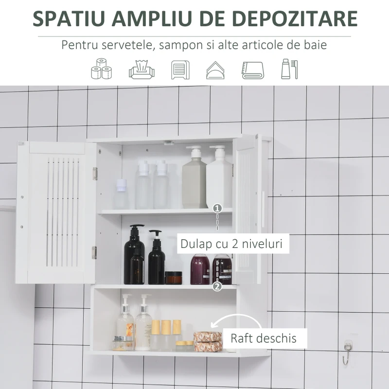 kleankin Dulap de baie suspendat dimensiuni reduse cu dulap si raft, 60x20x70cm – alb