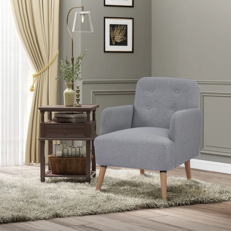 HOMCOM Upholstered Armchair, Living Room Chairs with Birch Wood Legs, Thick Padding and Button Mid-Back, Grey