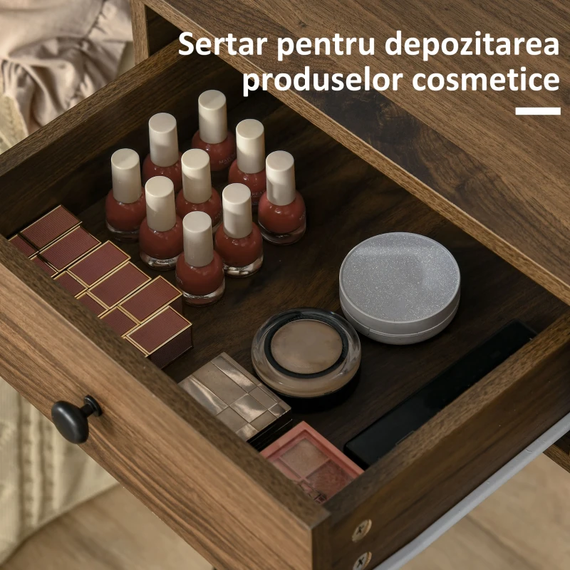 HOMCOM Masa de Machiaj in Stil Industrial, Set Masa de Toaleta cu Taburet si Oglinda de Machiaj, Postatie de Machiaj din Lemn si Metal pentru cameră