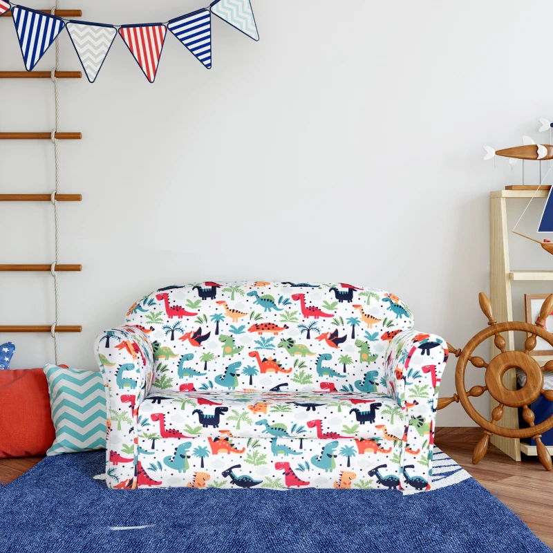 HOMCOM 2 Seater Toddler Chair Kids Twin Sofa Children Double Seat Flannel Armchair Cartoon Dinosaur Pattern Boys Girls Furniture