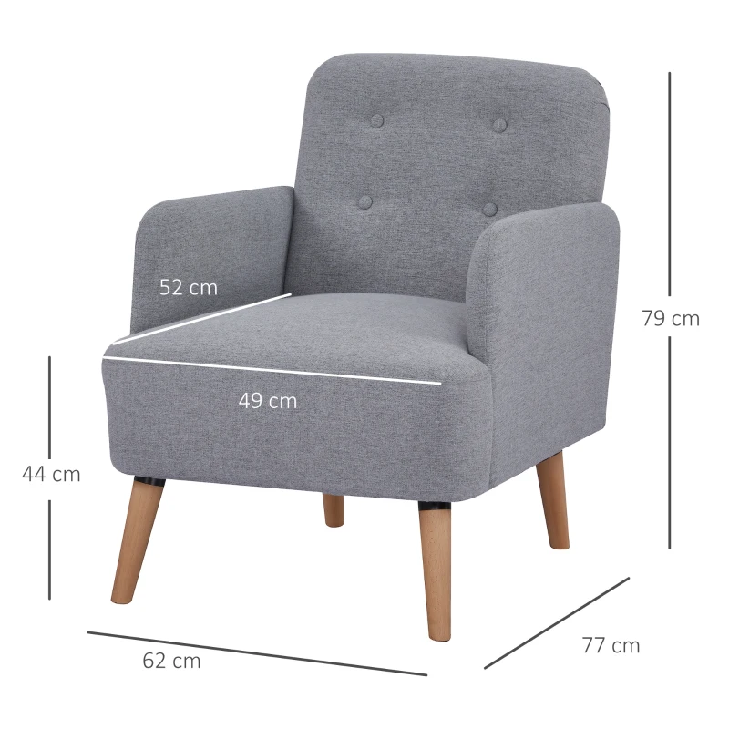 HOMCOM Upholstered Armchair, Living Room Chairs with Birch Wood Legs, Thick Padding and Button Mid-Back, Grey