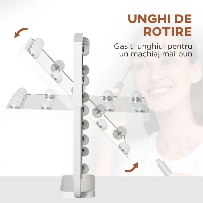 HOMCOM Oglinda pentru make-up, cu iluminare, inclinabila, cu 12 lumini LED si luminozitate reglabila, alb