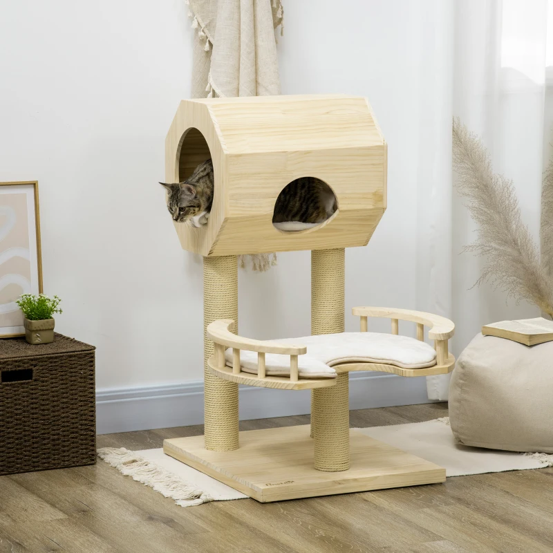 PawHut Kratzbaum, Katzenhaus, mit Liege, waschbare Liegepolster, drei Kratzstämme, Kiefernholz, 59,5 x 59,5 x 92cm