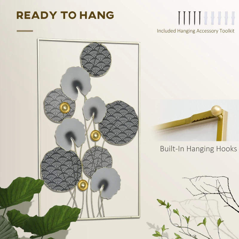 HOMCOM 3D Metal Wall Art Modern Lotus Leaves Hanging Wall Sculpture Home Decor for Living Room Bedroom Dining Room, Grey Gold