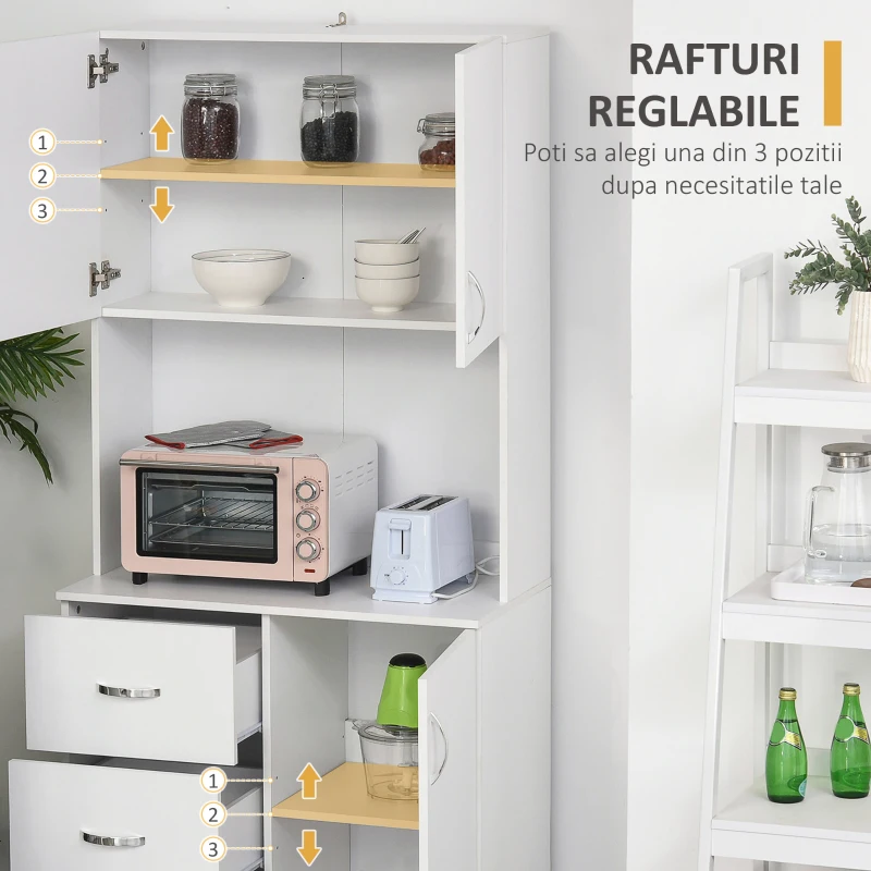 Homcom Bufet Lemn Alb – 2 Dulapuri, 3 Sertare & Raft Deschis