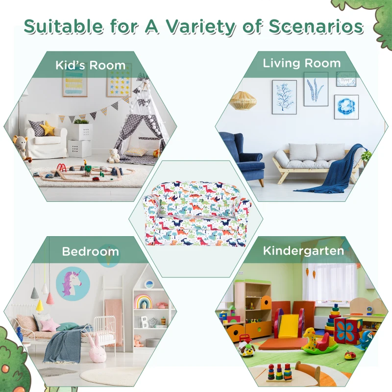 HOMCOM 2 Seater Toddler Chair Kids Twin Sofa Children Double Seat Flannel Armchair Cartoon Dinosaur Pattern Boys Girls Furniture
