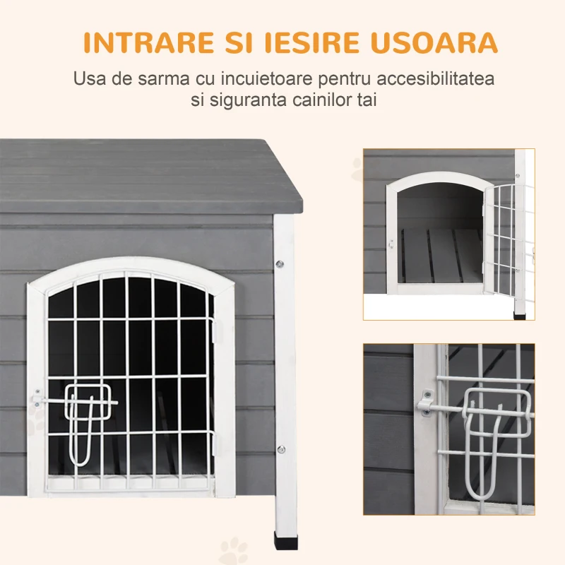 PawHut Cusca pentru Caini de Exterior din Lemn, Impermeabila cu Usa cu Incuietoare, 80x55x53,5 cm - Gri